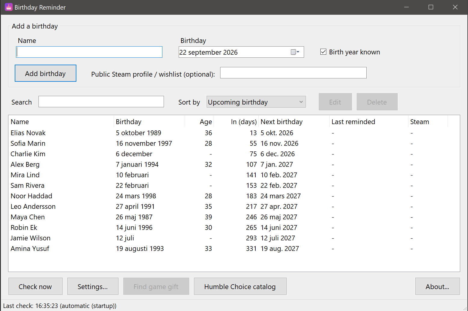 Birthday Reminder's main window with a list of names, birthdays, ages and days remaining.
