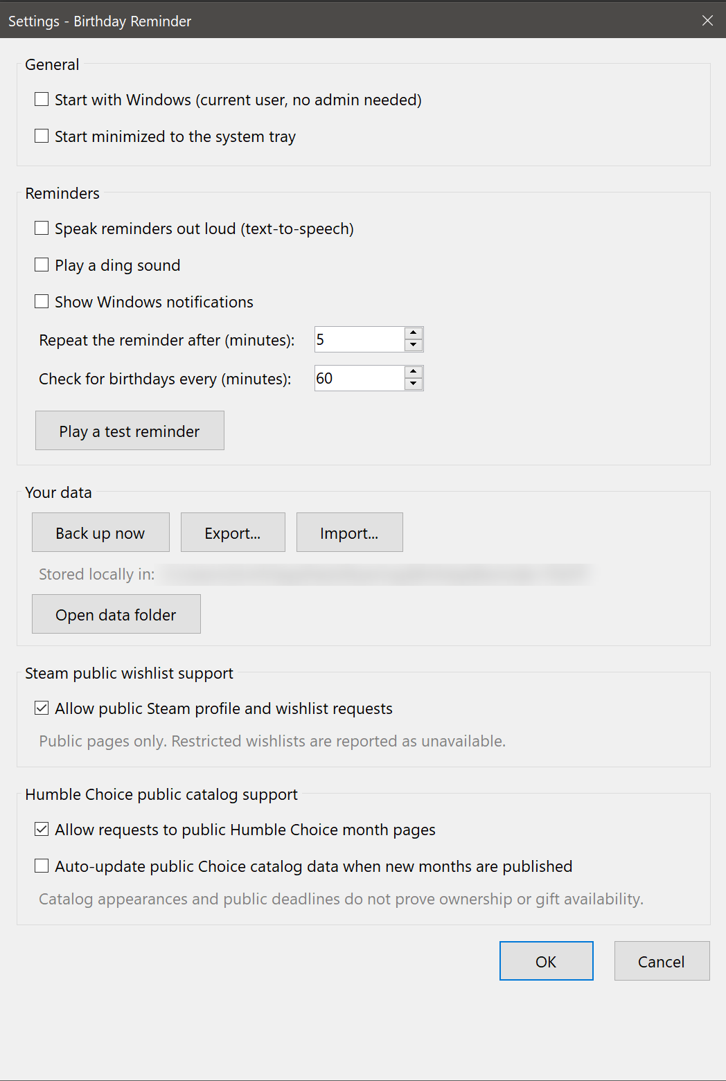 The settings window with options for starting with Windows, reminders as speech, sound and Windows notifications, plus backup and export.